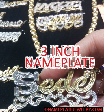 14K GP & Silver 3 Inch Supersize 3-D NamePlate w/o necklace (open hearts under name)